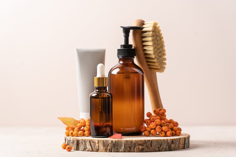 Polish cosmetics and beauty products on wooden podium with autumn leaves